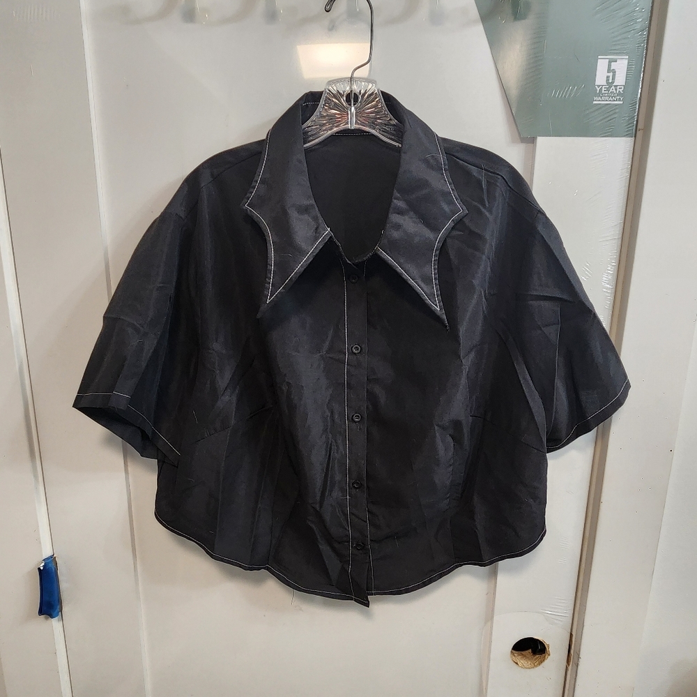 Romwe Bat Collar Button Up- 4xl, Black